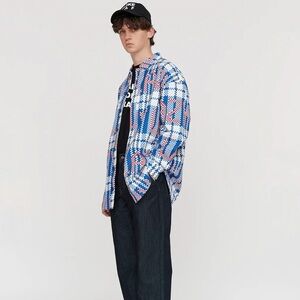 Lazy Oaf Pack Your Bags Oversized Shirt Size 2XL Checked Out Red Blue Logo Print